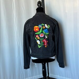 Psyched Floral Embroidered Black Denim Jacket